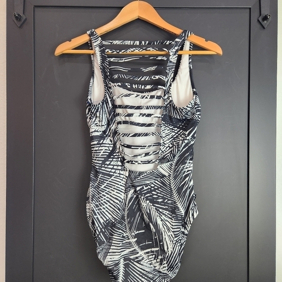 Aqua Green One Piece Swimsuit Black White Palm Print Size Medium - Picture 7 of 8